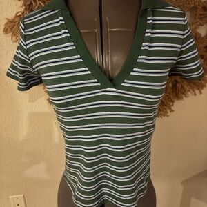 NWT Old Navy Green and White Striped Cropped  Shirt Size M